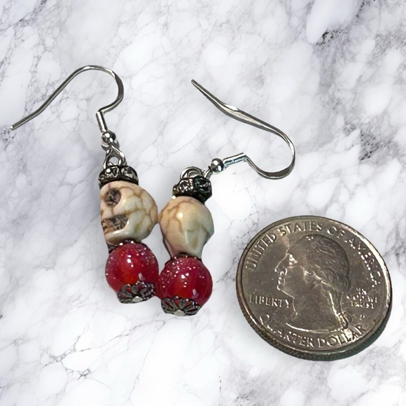 Hand Crafted Earrings Skulls White Red Rhinestones Dangle Long Pierced - Picture 7 of 7